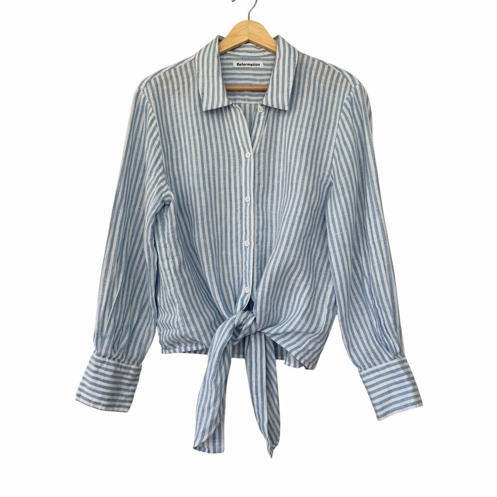 Reformation Anzio Striped Linen Top, Blue & White, Tie Front, S